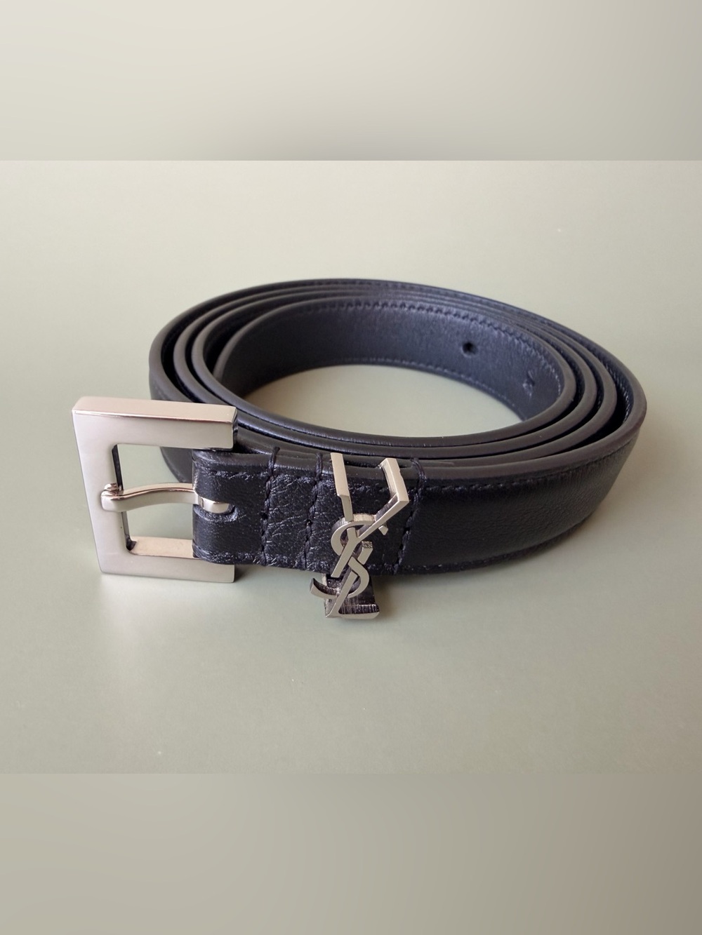 Saint Laurent Black Leather Belt with Silver YSL Charm